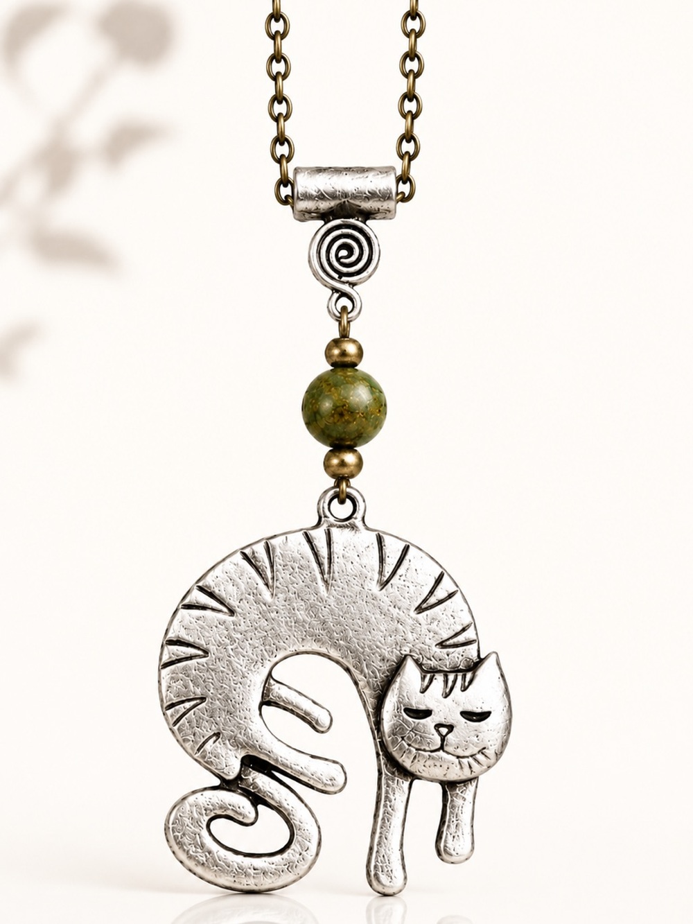 Sleeping Cat Necklace, Antique Bronze Chain, Green Bead, 20 Inch